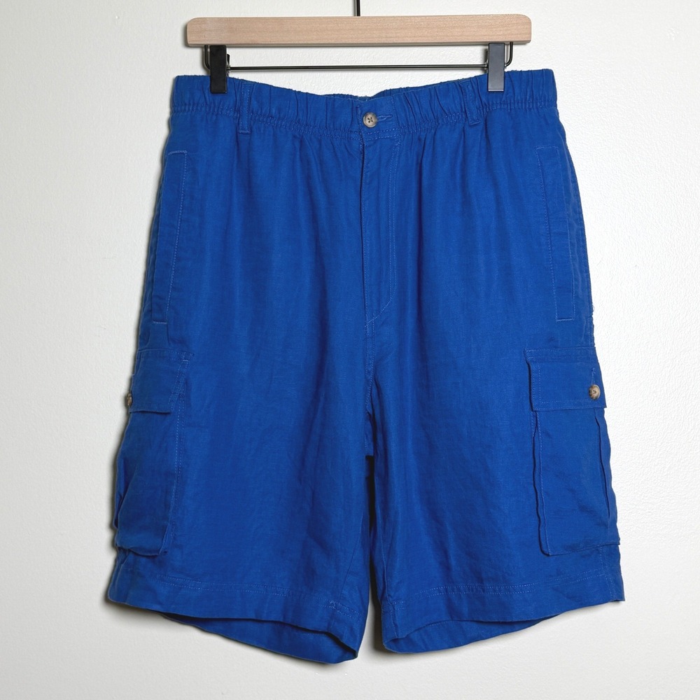 Madison Mens Cobalt Blue 100% Linen Cargo Shorts Elastic Waist Size Medium